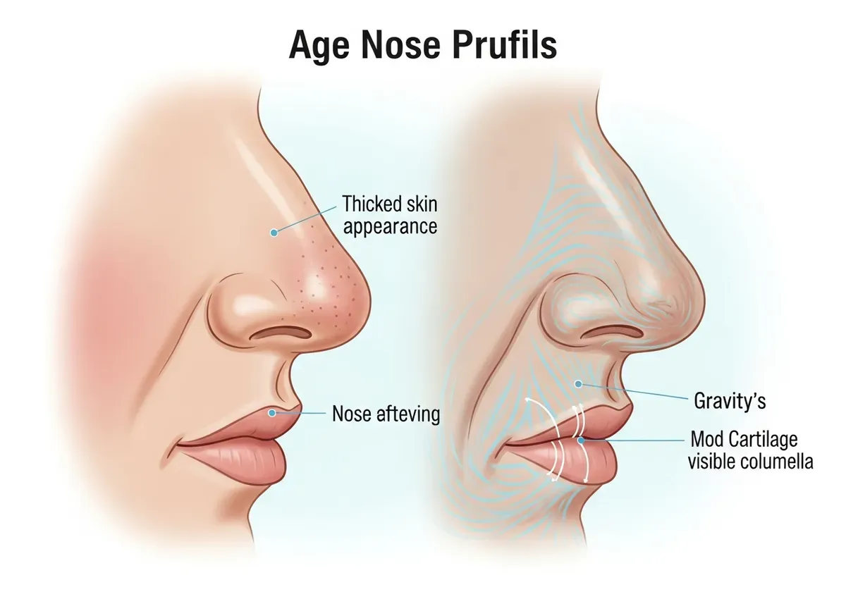 Age-related nasal changes diagram showing before/after comparison of tip drooping, skin thickening, and columella in mature a