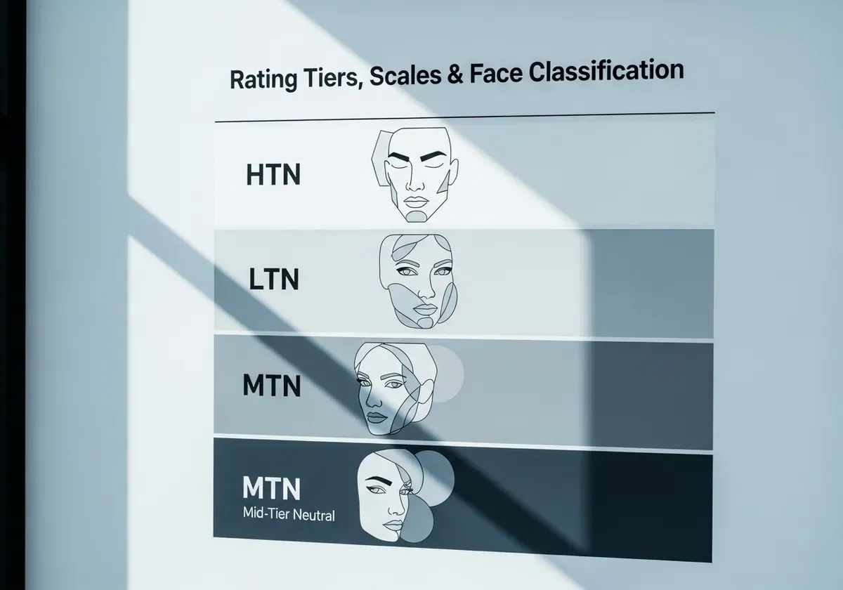 Looksmaxxing Chart showing attractiveness tier progression from LTN to HTN to Chad with silhouette head classifications