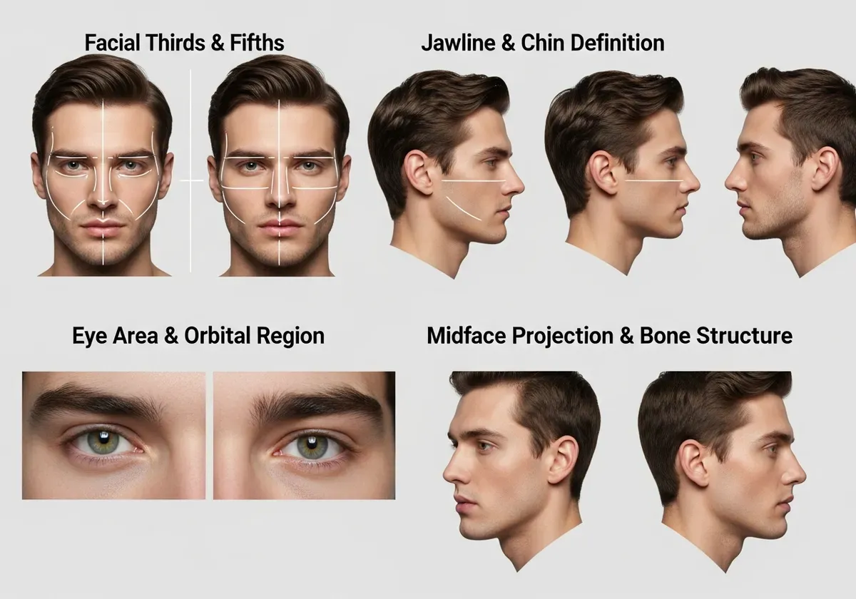 Facial measurement points and proportions overlay on profile showing looksmaxxing chart analysis of symmetry and harmony for 
