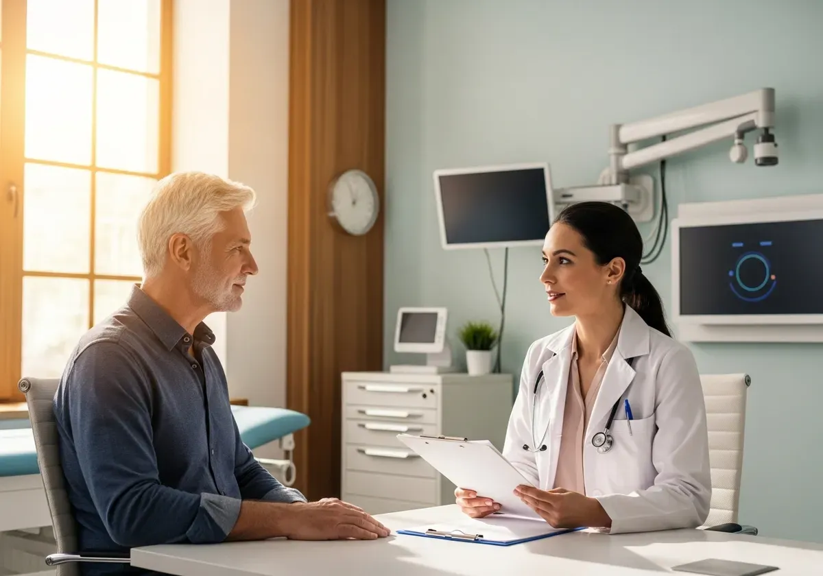 Doctor consulting with male patient during health screening, representing health-first foundation for looksmaxxing for men se
