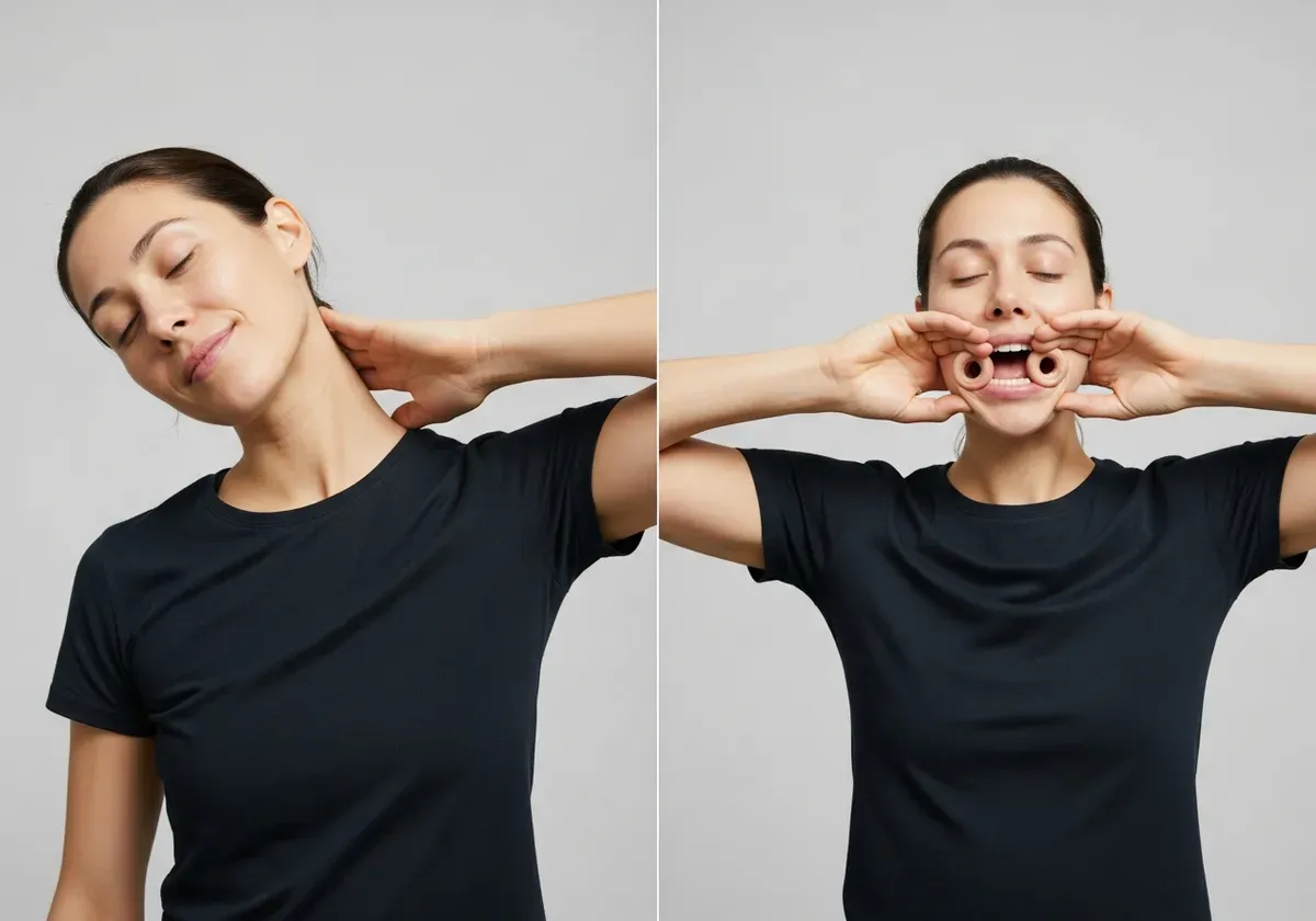 Fitness trainer demonstrating proper jaw and neck warm-up techniques before looksmaxxing jawline exercises for optimal result