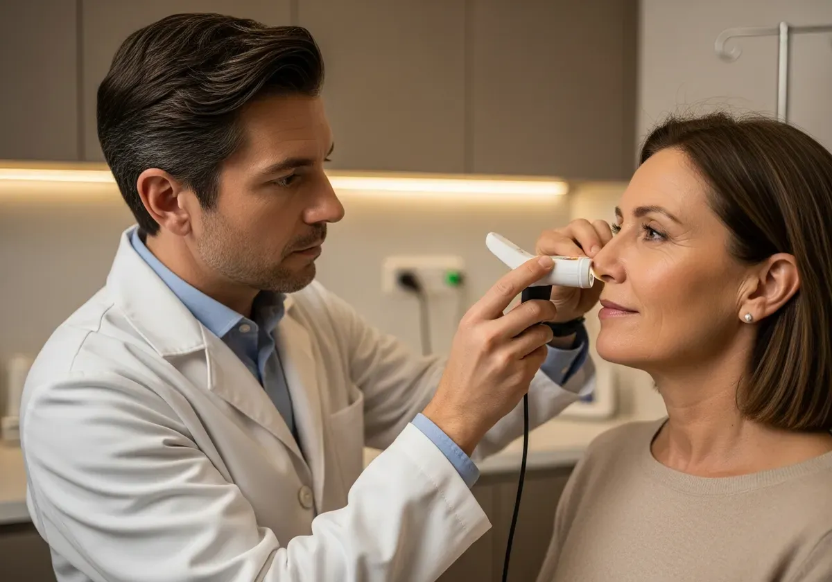 Dermatologist examining patient's nose during cosmetic consultation in modern medical office for looksmaxxing assessment