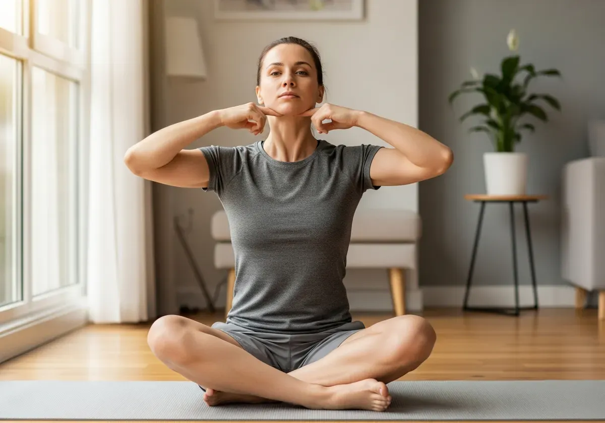 Person performing chin tucks and neck exercises at home for jawline definition, demonstrating non-surgical alternatives to ge