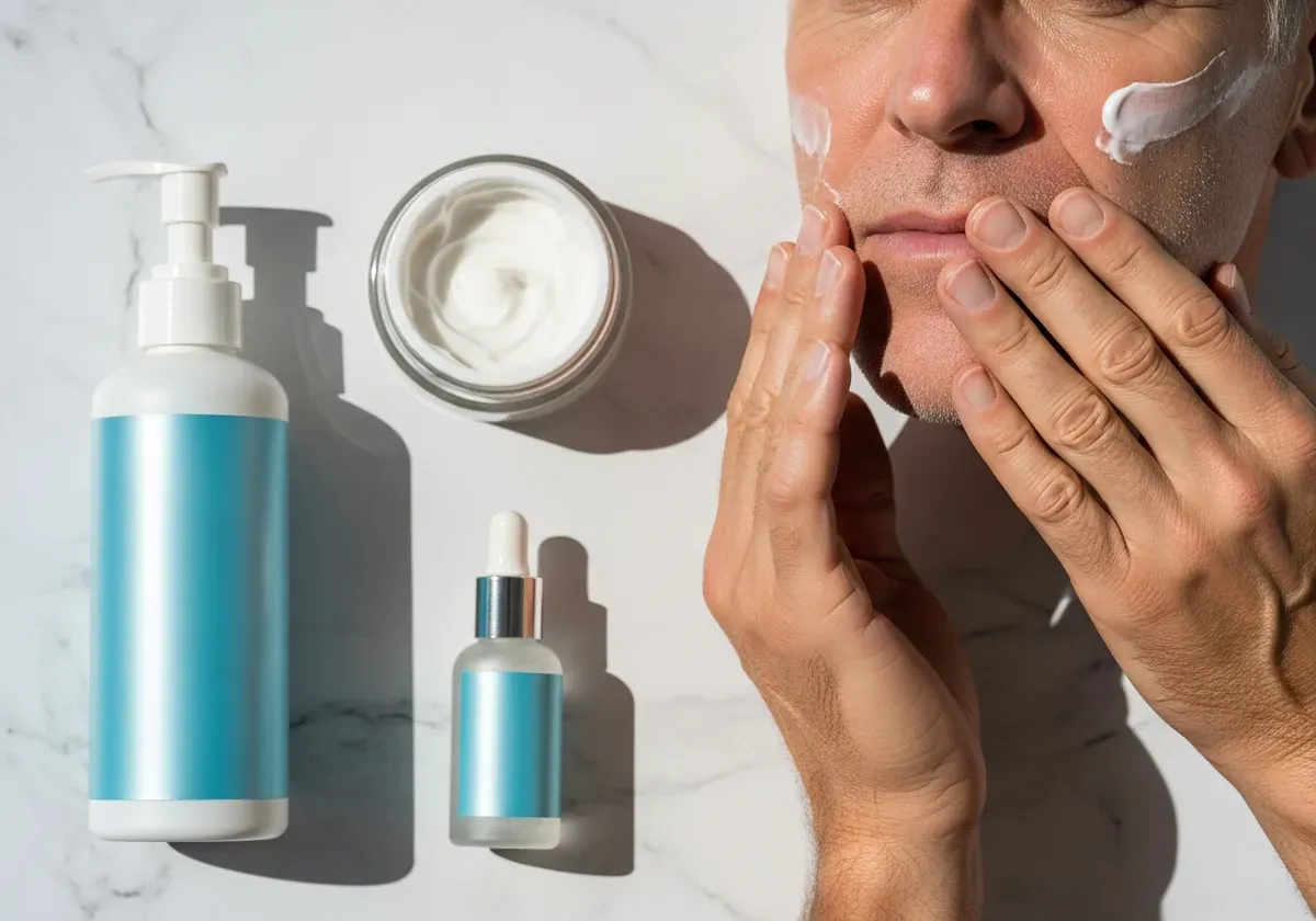 Mature man demonstrating proper skincare routine with cleanser, moisturizer, sunscreen and serums for male grooming and looks