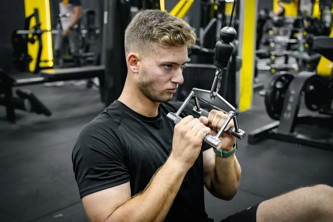 Mature adult performing dumbbell strength training with proper form in modern gym, demonstrating muscle-building techniques f