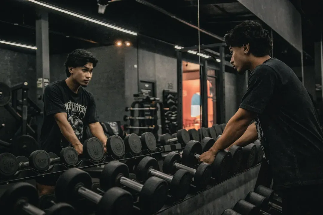 Young men at gym focused on fitness and self-improvement, central to looksmaxxing culture and meme trends