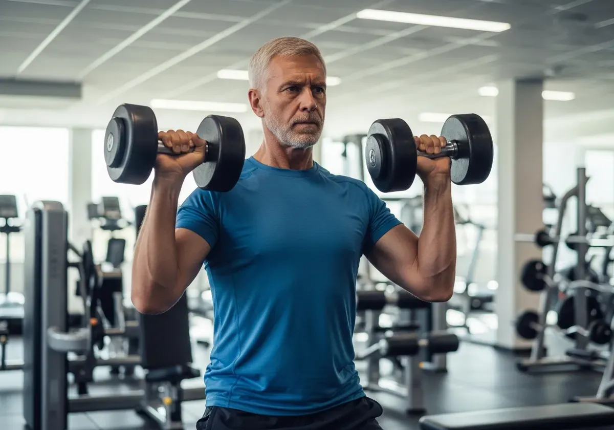 Mature man lifting weights with proper form in gym, demonstrating functional fitness for male self-improvement and looksmaxxi