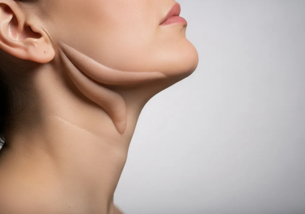 Side profile showing submental fat deposits under chin, illustrating target area for jaw liposuction in weak jawline surgery 
