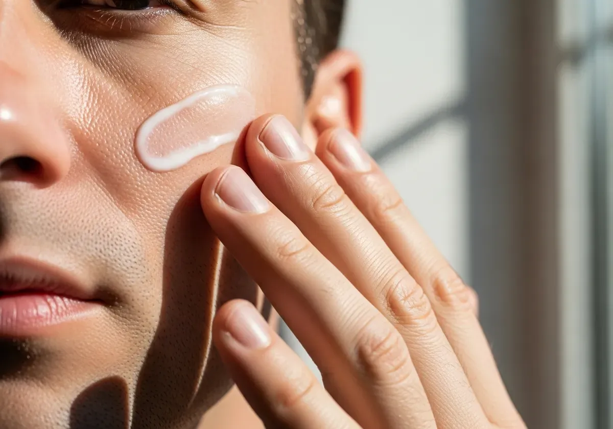Man applying sunscreen to face with natural daylight, demonstrating essential skincare for looksmaxxing