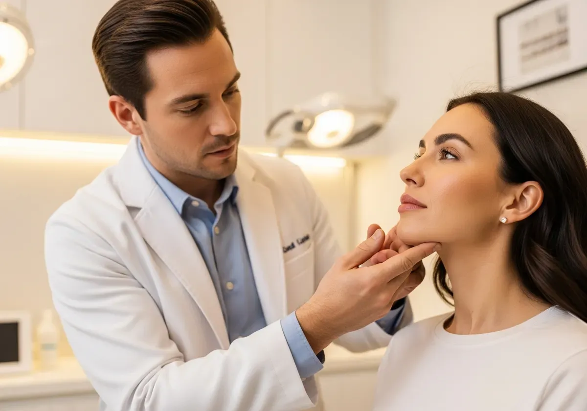 Surgeon examining patient's jawline during consultation for weak jawline surgery options including genioplasty and jaw lipo p