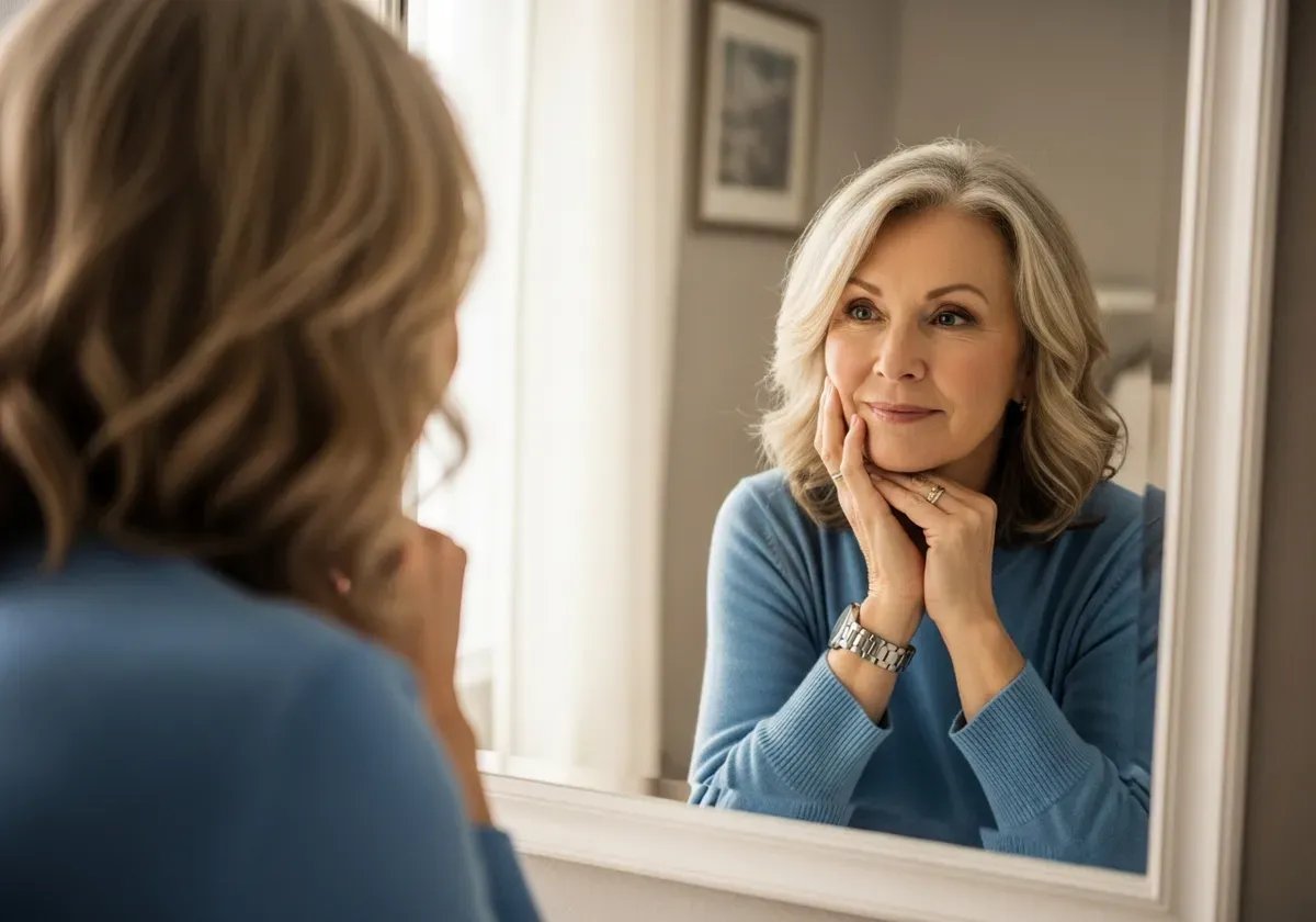 Mature woman examining her reflection in mirror with thoughtful expression, representing self-assessment for looksmaxxing nos