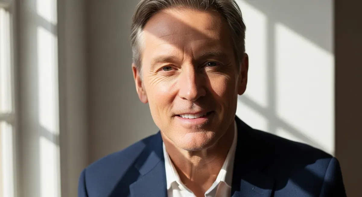 Confident mature man with healthy skin and groomed appearance wearing fitted blazer, exemplifying male self-improvement and l