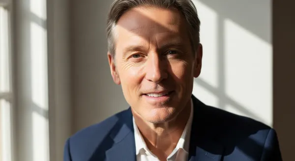 Confident mature man with healthy skin and groomed appearance wearing fitted blazer, exemplifying male self-improvement and l